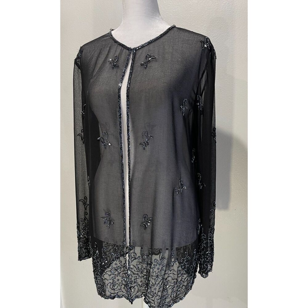 J Kara sheer cardigan sequin black floral night out festive cover up women's 8